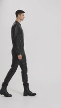 Load and play video in Gallery viewer, Men’s Black Real Leather Slim-Fit Jacket – Round Neck Racer Style
