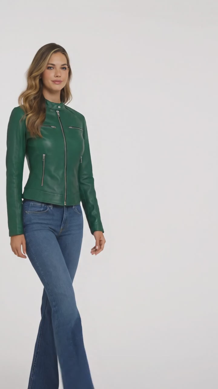 Women’s Green Cafe Racer Leather Jacket