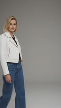 Load and play video in Gallery viewer, Signature Snow White Leather Biker Jacket – Gold Studded Luxury Moto
