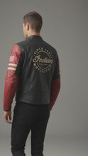 Load and play video in Gallery viewer, Men’s Vintage Indian-Style Leather Racing Jacket – Red &amp; Black Moto Style
