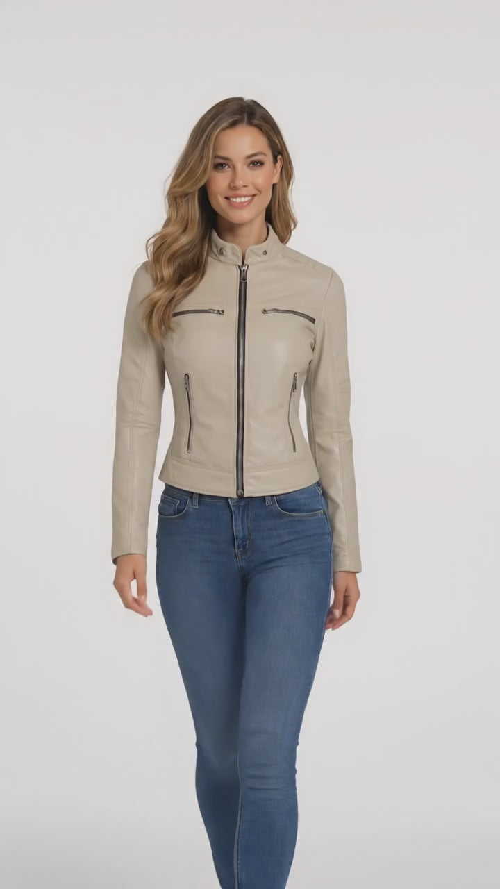 Decrum Beige Cafe Racer Leather Jacket – Slim Fit Biker