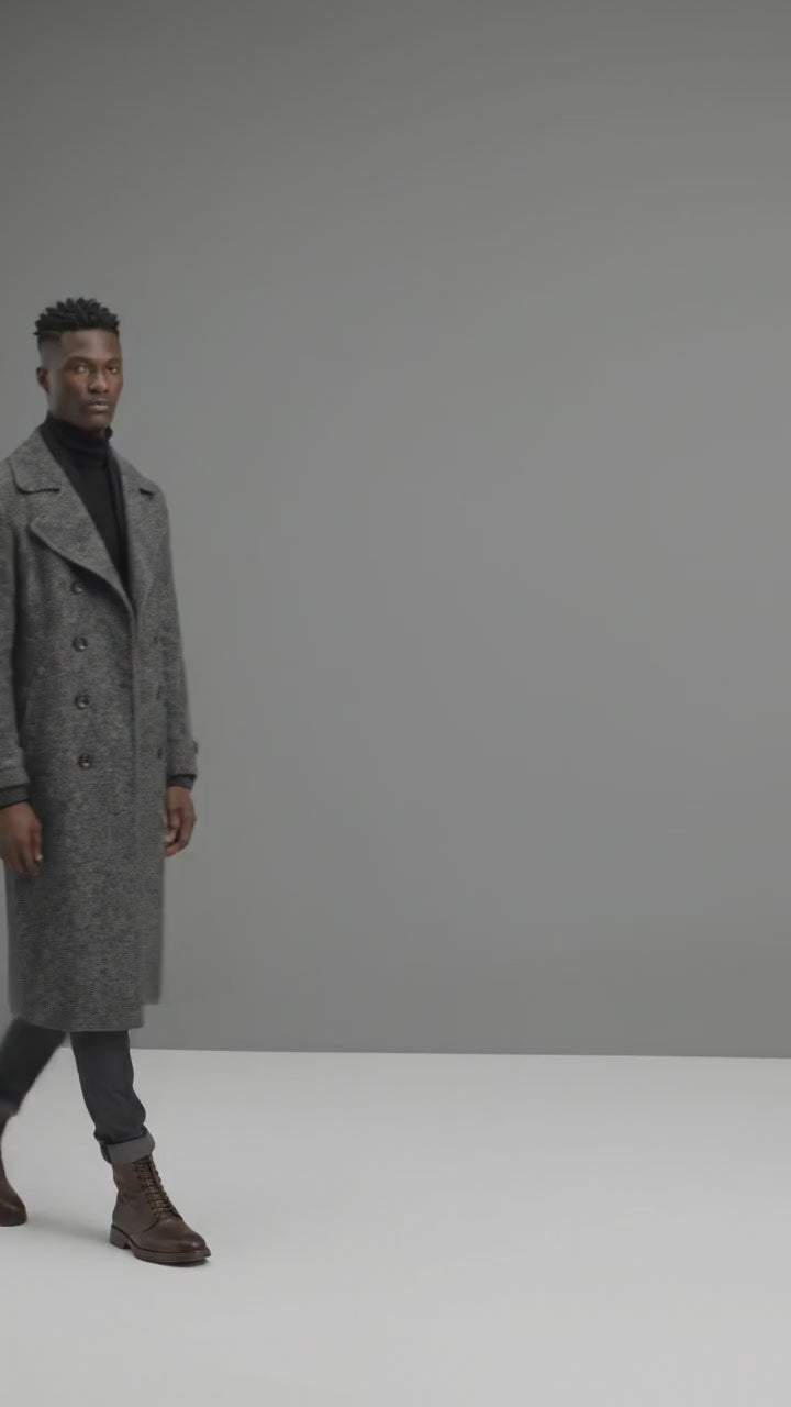 Men’s Manteco Herringbone Double Breasted Long Coat – Dark Gray Classic Fit