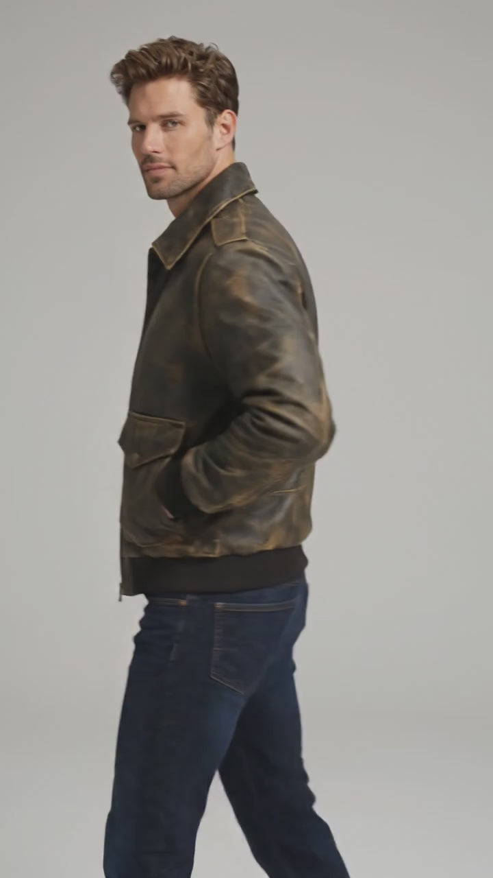 Men’s Antique Distressed Leather Pilot Jacket – Vintage Flight Bomber