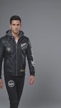 Load and play video in Gallery viewer, Men’s Indian-Style Leather Biker Jacket – Real Leather Hooded Moto Bomber
