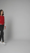 Load and play video in Gallery viewer, Women’s Red &amp; White Varsity Jacket – Button Closure Ribbed Trim Bomber
