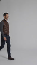 Load and play video in Gallery viewer, Brown Leather Puffer Vest for Men – Classic Warmth Edition

