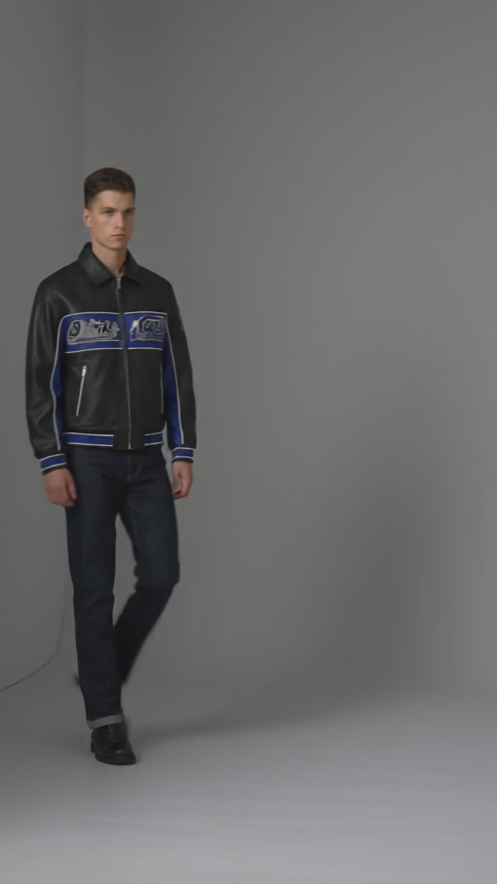 Herren Varsity-Jacke aus schwarzem und blauem Leder – Premium Urban Bomber Stil