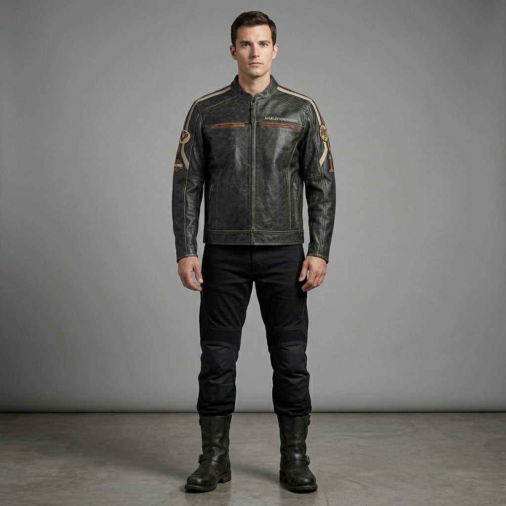 Herren Harley-Style Bikerjacke aus Distressed-Leder – Vintage Anthrazit Moto
