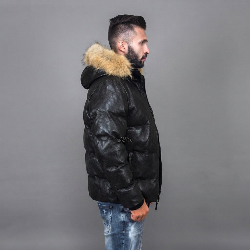 Men's Black & Skin Down Leather Jacket