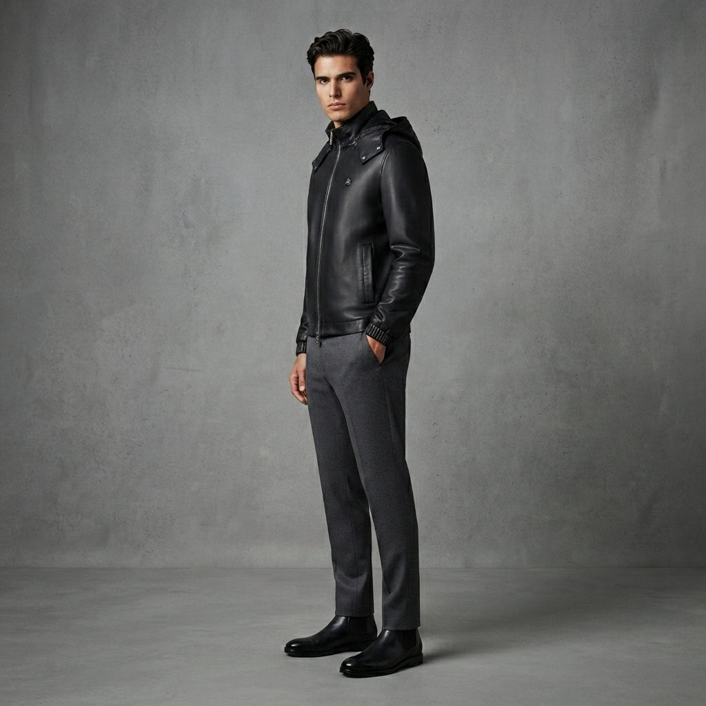 Men's Black Leather Hooded Jacket