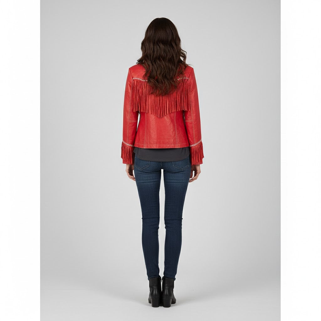 Women's Fringe Red Leather Jacket