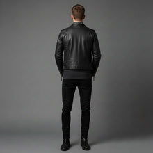 Load image into Gallery viewer, Men’s Black Studded Leather Biker Jacket – Genuine Moto Jacket with Silver Studs
