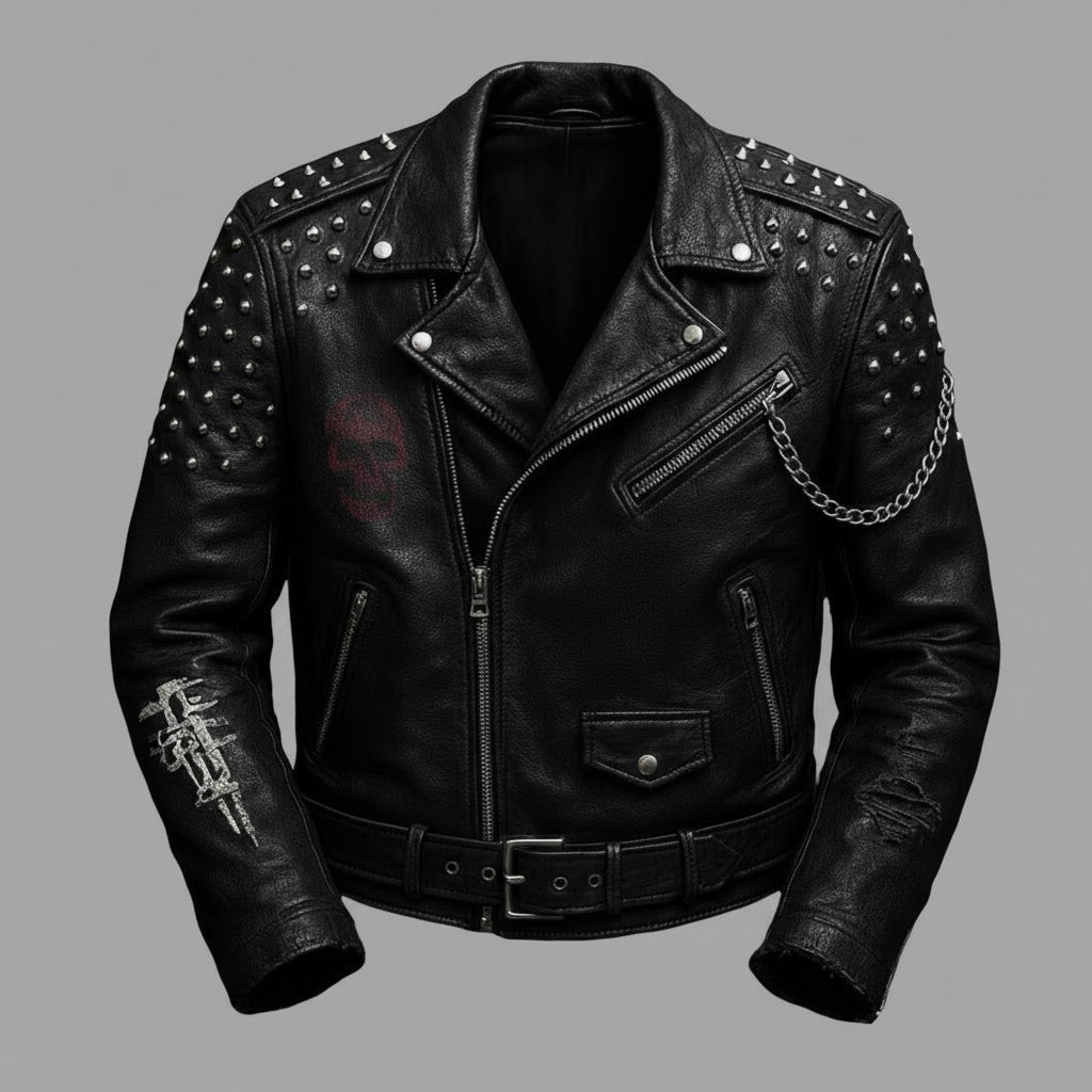 Signature Obsidian Skull Leather Biker Jacket – Hand-Studded Moto Style
