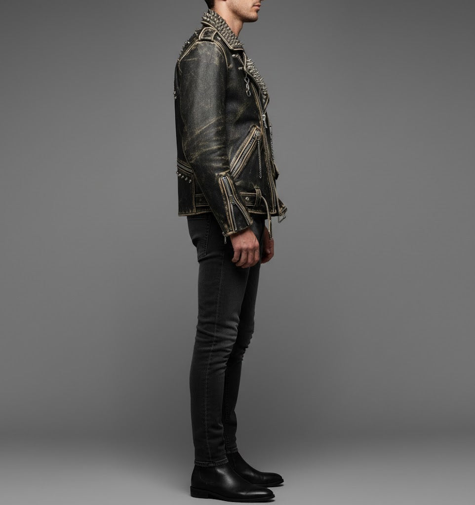 Herren Schwarze Spiked & Studded Leder Bikerjacke – Echter Moto Style