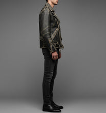 Load image into Gallery viewer, Men’s Black Spiked &amp; Studded Leather Biker Jacket – Genuine Moto Style
