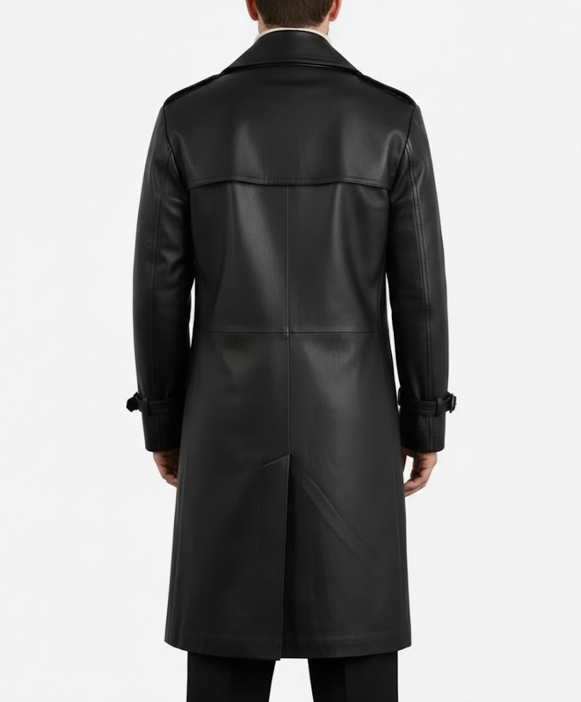 Delmar Men’s Black Leather Double-Breasted Coat – Luxury Classic Overcoat