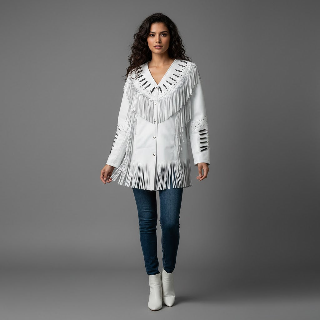Women's Handmade White Suede Leather Fringe Jacket