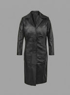 Women’s Black Real Leather Long Coat – Classic Elegant Trench Overcoat