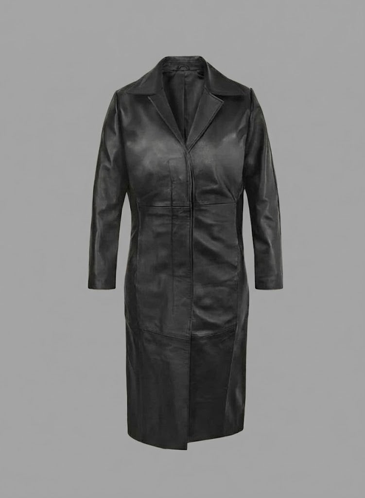 Women’s Black Real Leather Long Coat – Classic Elegant Trench Overcoat