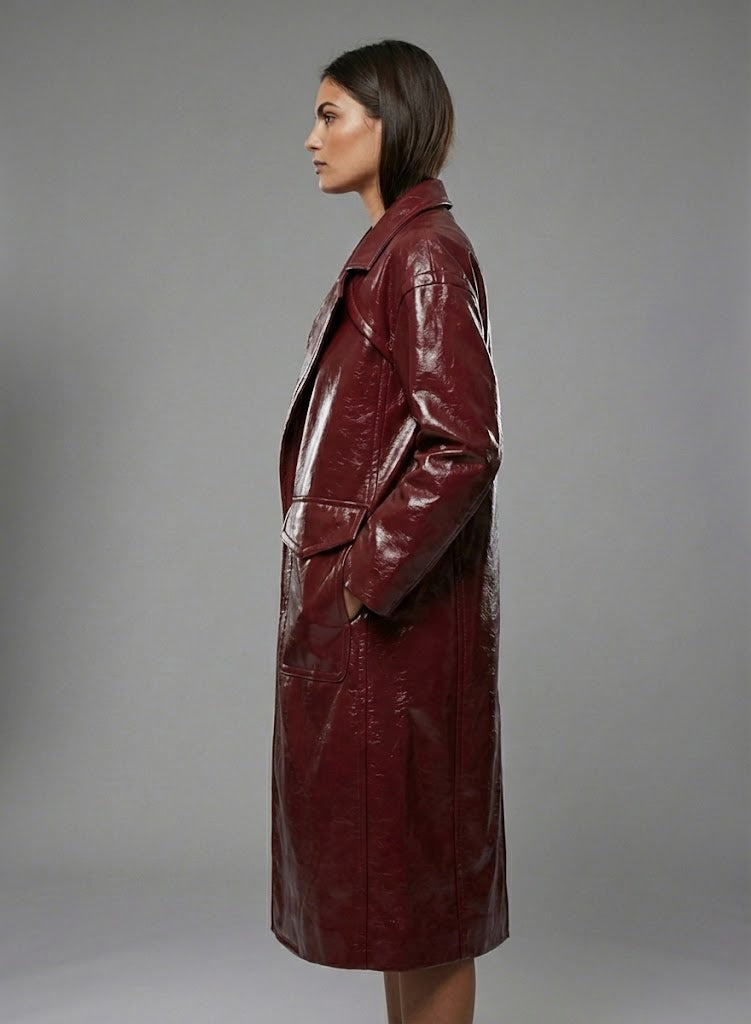 Women’s Double-Breasted Leather Trench Coat – Elegant Classic Long Overcoat