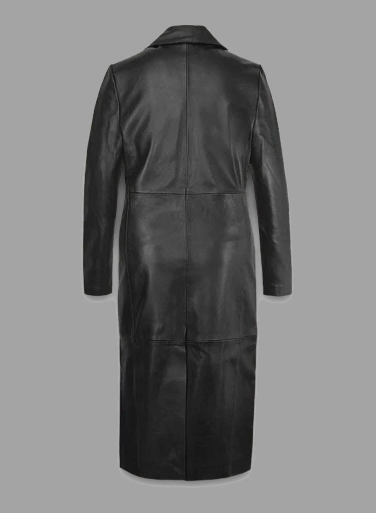Women’s Black Real Leather Long Coat – Classic Elegant Trench Overcoat