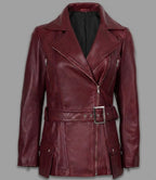 Women’s Burgundy Real Leather Biker Jacket – Classic Moto Style