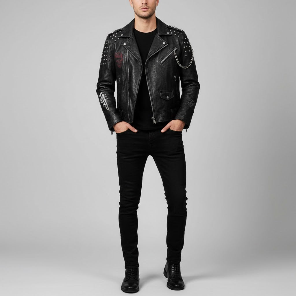 Signature Obsidian Skull Leather Biker Jacket – Hand-Studded Moto Style