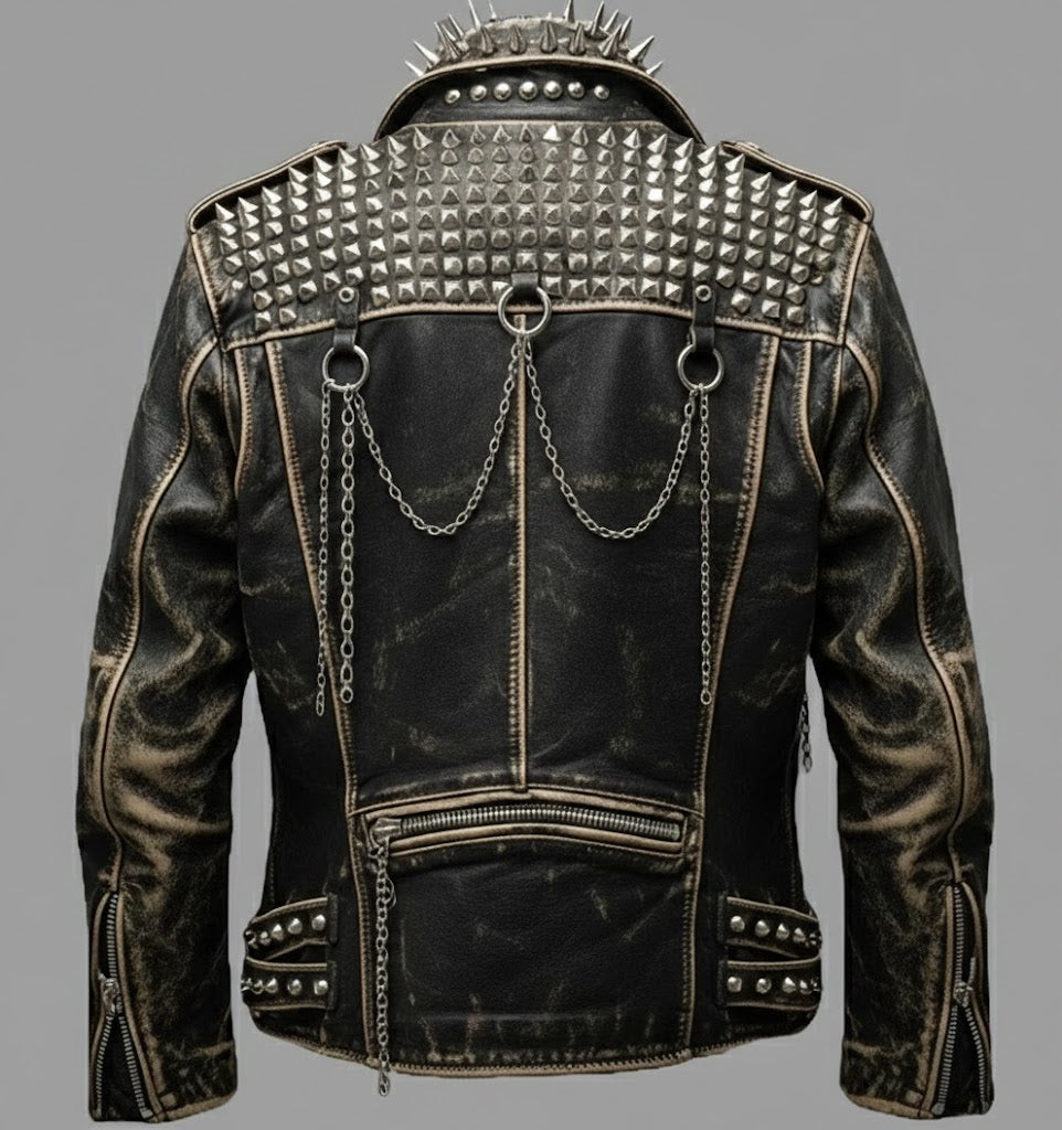 Herren Schwarze Spiked & Studded Leder Bikerjacke – Echter Moto Style
