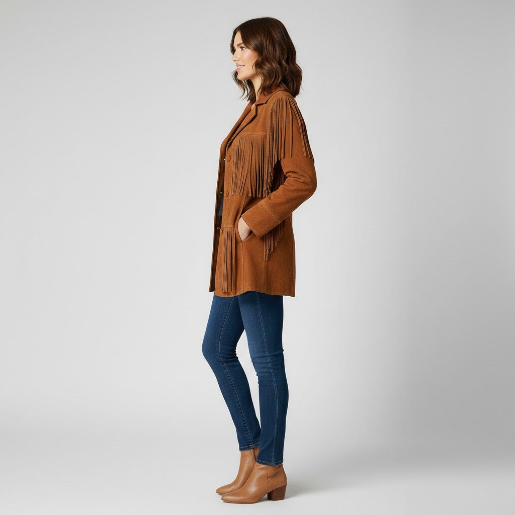Brown Faux Suede Fringe Jacket
