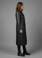 Women’s Black Real Leather Long Coat – Classic Elegant Trench Overcoat