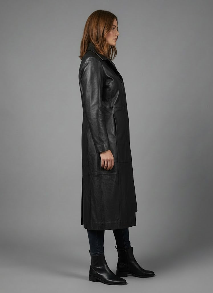 Women’s Black Real Leather Long Coat – Classic Elegant Trench Overcoat