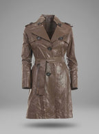 Women’s Brown Leather Trench Coat – Elegant Classic Long Overcoat