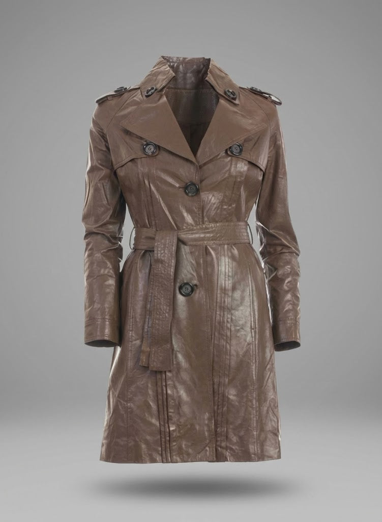 Women’s Brown Leather Trench Coat – Elegant Classic Long Overcoat