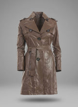 Load image into Gallery viewer, Women’s Brown Leather Trench Coat – Elegant Classic Long Overcoat
