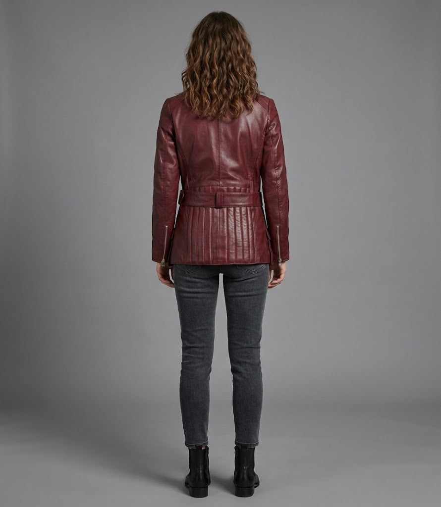 Women’s Burgundy Real Leather Biker Jacket – Classic Moto Style