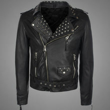 Load image into Gallery viewer, Men’s Black Studded Leather Biker Jacket – Genuine Moto Jacket with Silver Studs
