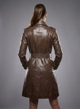 Load image into Gallery viewer, Women’s Brown Leather Trench Coat – Elegant Classic Long Overcoat
