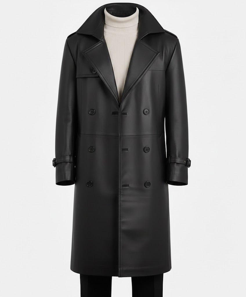 Delmar Men’s Black Leather Double-Breasted Coat – Luxury Classic Overcoat
