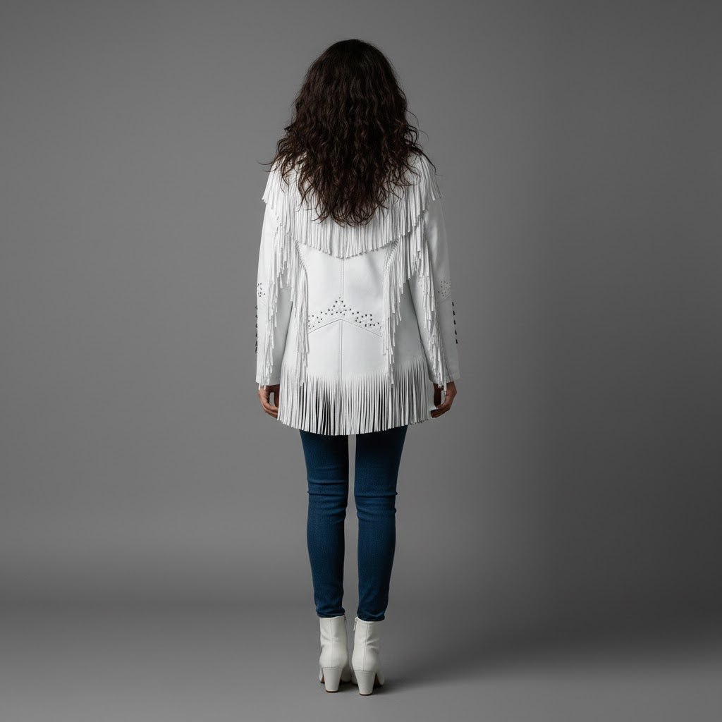 Women's Handmade White Suede Leather Fringe Jacket
