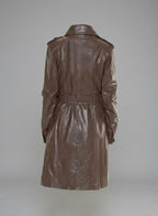 Women’s Brown Leather Trench Coat – Elegant Classic Long Overcoat