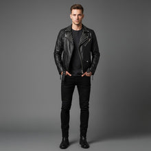 Load image into Gallery viewer, Men’s Black Studded Leather Biker Jacket – Genuine Moto Jacket with Silver Studs
