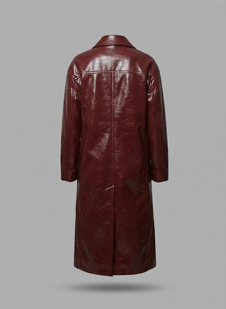 Women’s Double-Breasted Leather Trench Coat – Elegant Classic Long Overcoat