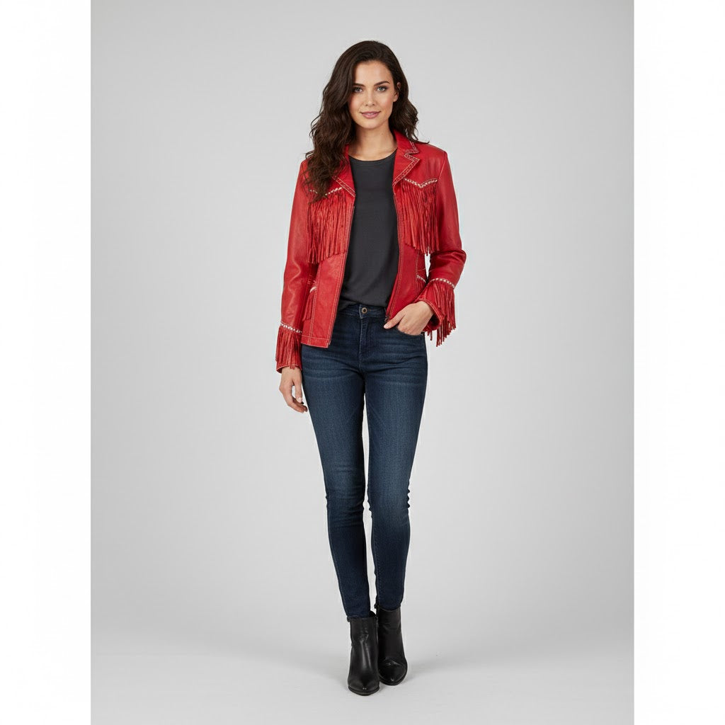 Women's Fringe Red Leather Jacket