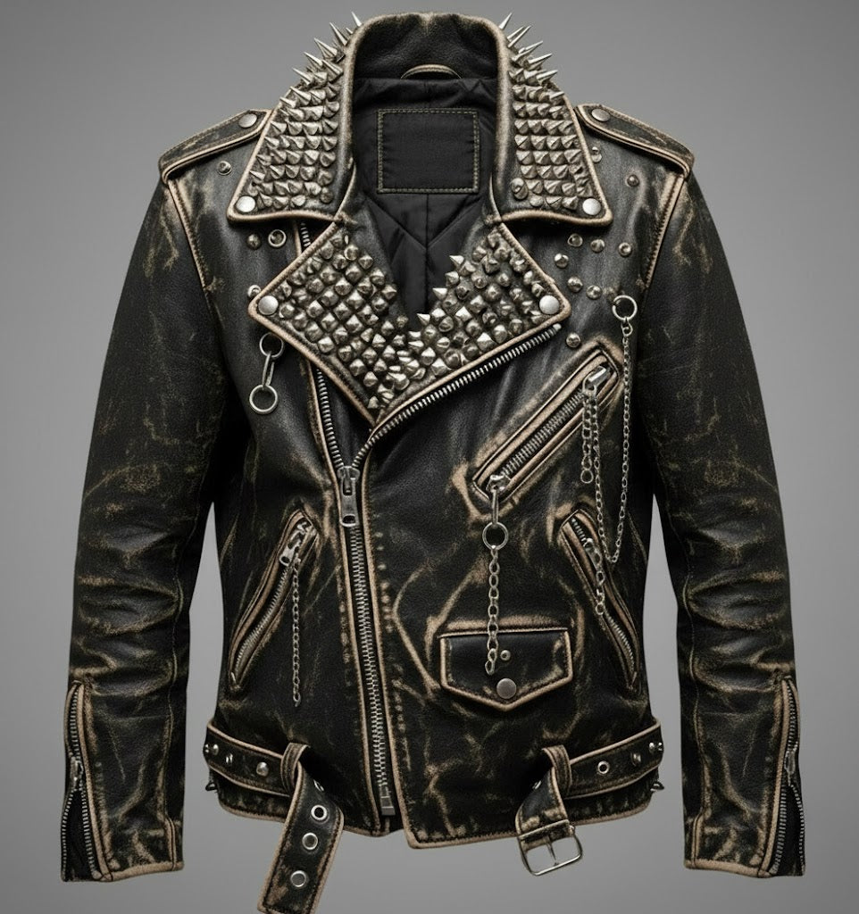 Herren Schwarze Spiked & Studded Leder Bikerjacke – Echter Moto Style