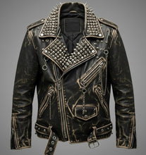 Load image into Gallery viewer, Men’s Black Spiked &amp; Studded Leather Biker Jacket – Genuine Moto Style
