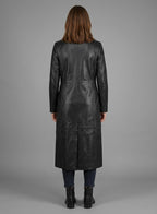 Women’s Black Real Leather Long Coat – Classic Elegant Trench Overcoat