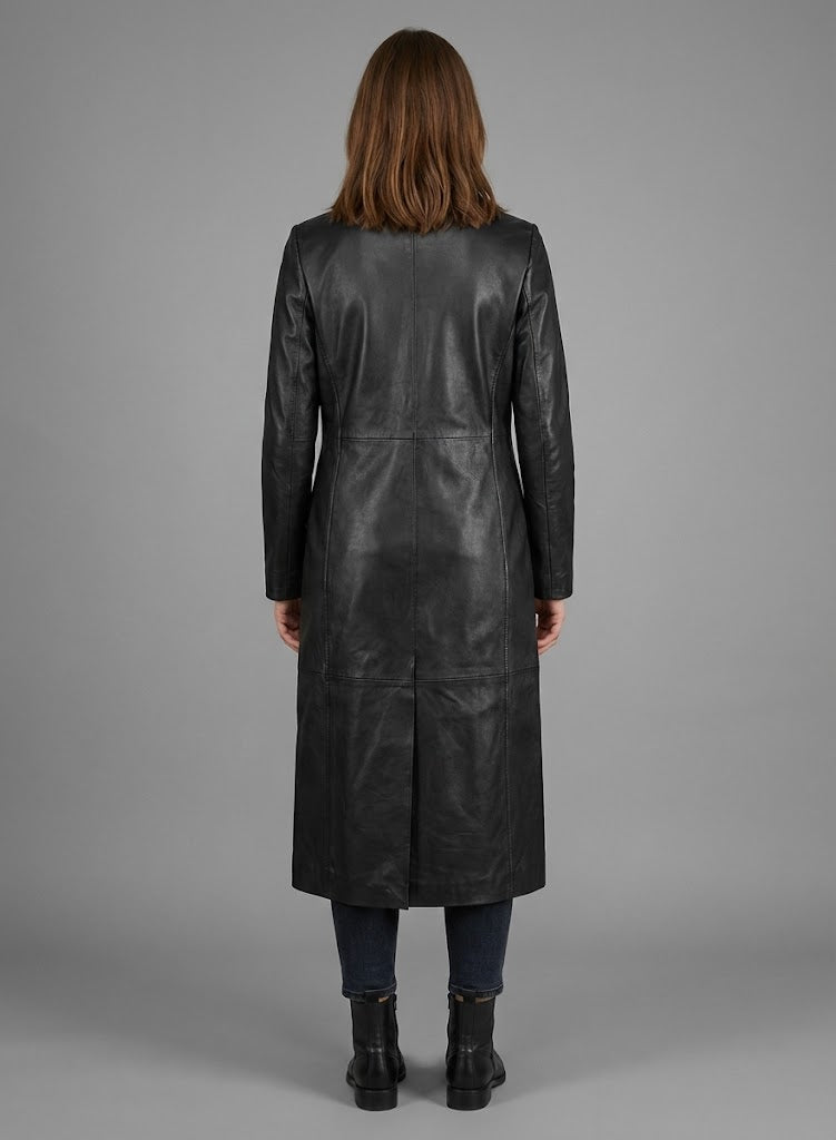 Women’s Black Real Leather Long Coat – Classic Elegant Trench Overcoat