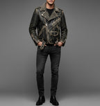 Herren Schwarze Spiked & Studded Leder Bikerjacke – Echter Moto Style