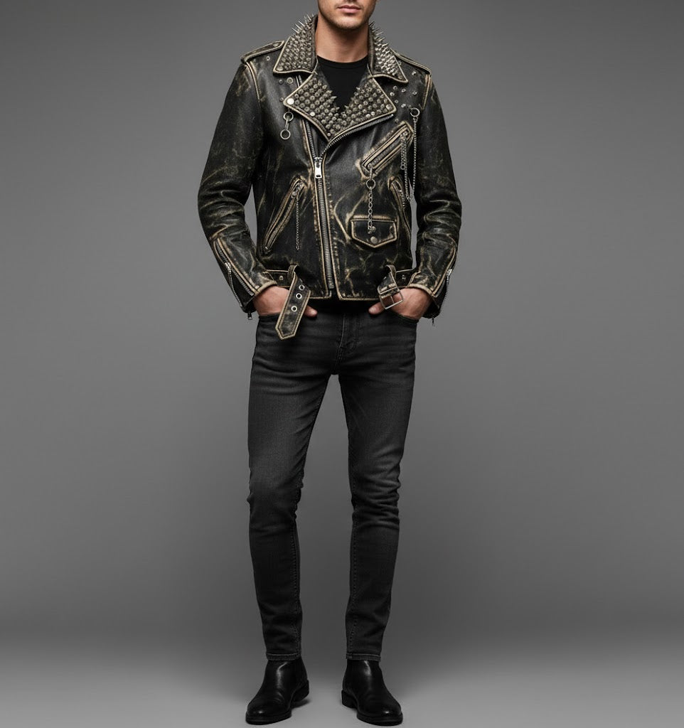 Herren Schwarze Spiked & Studded Leder Bikerjacke – Echter Moto Style