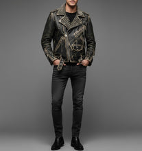 Load image into Gallery viewer, Men’s Black Spiked &amp; Studded Leather Biker Jacket – Genuine Moto Style
